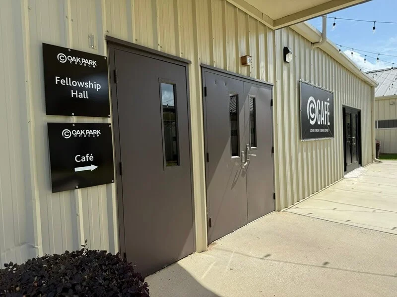 An image of the exterior wayfinding signage for the church.